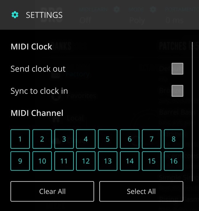 DRC MIDI Clock MIDI Channel Settings