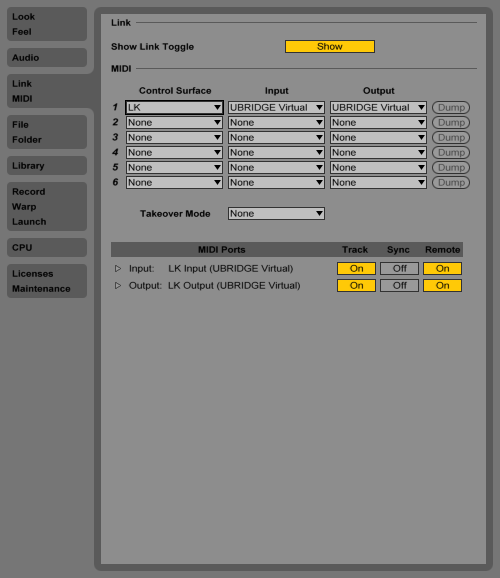 Ableton Live Preferences Control Surfaces