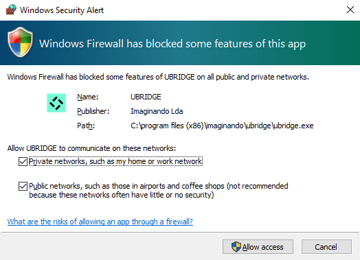 UBRIDGE firewall settings prompt